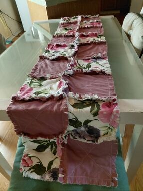 Mauve and Floral Rag Quilt Table Runner 73" Long 14" Wide (Handmade)